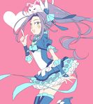  7melon animal animal_on_head bad_id bad_pixiv_id blue_footwear blue_skirt boots cat cat_on_head choker cure_beat earrings frills hair_ornament heart hummy_(suite_precure) jewelry kurokawa_eren long_hair magical_girl on_head pink_background precure purple_hair ribbon seiren_(suite_precure) side_ponytail simple_background skirt smile solo suite_precure thigh_boots thighhighs very_long_hair yellow_eyes 