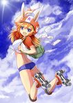  animal_ears backpack bag blue_eyes bunny_ears charlotte_e_yeager denim denim_shorts ears_through_headwear helmet jumping knee_pads letter long_hair looking_at_viewer midriff open_mouth orange_hair red_liquid_(artist) roller_skates shorts skates solo star strike_witches world_witches_series 