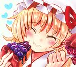  bad_id bad_pixiv_id blonde_hair blueberry blush closed_eyes eating flandre_scarlet food fruit hat heart long_hair oimo_(imoyoukan) solo touhou 