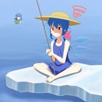  adapted_costume alternate_hair_length alternate_hairstyle annoyed bare_arms bare_legs bare_shoulders barefoot bow butterfly_sitting cato_(monocatienus) chemise cirno fishing_line frown hair_bow hat ice ice_fishing ice_wings long_hair multiple_girls no_shirt ponytail sitting squiggle sun_hat touhou tsurime wakasagihime water wings 