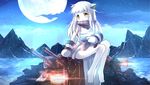  aircraft airplane bare_legs barefoot brown_eyes highres holding horns kantai_collection long_hair looking_at_viewer mittens moon mountain night night_sky northern_ocean_hime open_mouth risutaru shinkaisei-kan sitting sky solo star_(sky) starry_sky turret white_hair white_skin 