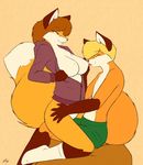  2014 amber_eyes big_breasts black_nose blonde_hair bottomless breast_grab breasts brown_fur brown_hair canine clothing duo female fluffy_tail fox fur hair hoodie licking male mammal open_mouth orange_fur shirt shorts smile socks starfighter straight tongue topless white_fur 