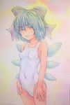  absurdres alternate_costume blue_eyes blue_hair bow breasts casual_one-piece_swimsuit cirno covered_navel cowboy_shot hair_bow highres ice ice_wings looking_at_viewer one-piece_swimsuit parted_lips pink_background short_hair small_breasts solo swimsuit touhou traditional_media watercolor_(medium) white_swimsuit wings yuyu_(00365676) 