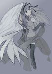  adapted_costume akemi_homura akuma_homura argyle argyle_legwear bad_id bad_pixiv_id black_gloves black_hair dress elbow_gloves feathered_wings fixative gloves grey_background greyscale hair_ribbon highres long_hair looking_at_viewer mahou_shoujo_madoka_magica mahou_shoujo_madoka_magica_movie monochrome ribbon simple_background smile solo spoilers thighhighs wings zettai_ryouiki 