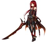  belt black_gloves black_legwear boots choker crimson_avenger_(elsword) derivative_work elbow_gloves elesis_(elsword) elsword expressionless full_body gloves haruya_(lajoon) highres leotard long_hair pantyhose red_eyes red_hair solo standing sword thigh_boots thighhighs thighhighs_over_pantyhose very_long_hair weapon white_background 