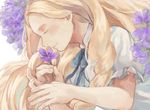  blonde_hair closed_eyes fingernails flower hands henachoko holding light_smile long_hair marnie omoide_no_marnie pinky_out profile puffy_short_sleeves puffy_sleeves ribbon short_sleeves solo 