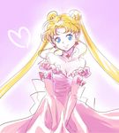  atori_(kinako115) back_bow bishoujo_senshi_sailor_moon bishoujo_senshi_sailor_moon_crystal blue_eyes bow choker double_bun dress elbow_gloves formal gloves gown long_hair pink_background pink_dress pink_gloves smile solo strapless strapless_dress tiara tsukino_usagi twintails 