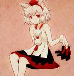  animal_ears bare_shoulders eyebrows footwear_removed geta hat inubashiri_momiji jean_(jean_sp) looking_at_viewer pom_pom_(clothes) red_eyes shirt short_hair simple_background sitting skirt sleeveless sleeveless_shirt smile solo thick_eyebrows tokin_hat touhou white_hair wolf_ears 