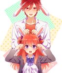  1girl :o animal_ears bad_id bad_pixiv_id blazer bow bunny_ears collarbone gekkan_shoujo_nozaki-kun hair_bow hair_ornament hair_ribbon height_difference jacket kemonomimi_mode long_hair mery_(apfl0515) mikoshiba_mikoto open_mouth paw_pose polka_dot polka_dot_bow purple_eyes red_eyes red_hair ribbon rouman_academy_uniform sakura_chiyo school_uniform shirt v-shaped_eyebrows 