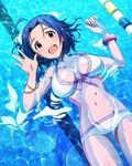  :d ahoge artist_request beamed_eighth_notes bikini blue_hair bracelet breasts brown_eyes cleavage front-tie_top idolmaster idolmaster_(classic) idolmaster_million_live! jewelry jpeg_artifacts lane_line large_breasts looking_at_viewer miura_azusa musical_note navel official_art open_mouth partially_submerged smile swimsuit 