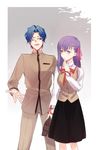  1girl blue_hair brother_and_sister fate/stay_night fate_(series) hair_ribbon homurahara_academy_uniform matou_sakura matou_shinji purple_eyes purple_hair ribbon school_uniform siblings sunday31 