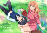  1girl arm_support black_hair blue_eyes book copyright_name grass green_eyes lap_pillow livius_orvinus_ifriqiyah long_hair looking_at_viewer nike_remercier orange_hair seiza shiitake_urimo short_hair sitting smile soredemo_sekai_wa_utsukushii twitter_username vest 