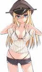  1girl alternate_costume animated animated_gif bikini bikini_under_clothes bismarck_(kantai_collection) blonde_hair blue_eyes blush bounce bouncing_breasts breasts character_request cleavage hat highleg highleg_bikini highleg_swimsuit kantai_collection large_breasts long_hair looking_at_viewer lowres military_hat navel oota_yuuichi open_mouth peaked_cap ribbed_shirt shirt short_shorts shorts simple_background solo striped striped_bikini striped_swimsuit sweat swimsuit swimsuit_under_clothes undressing white_background 
