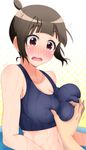  1girl archibald_(adahalt389zp) blush breast_grab breasts brown_hair cleavage futsuu_no_joshikousei_ga_locodol_yattemita grabbing hetero highres large_breasts mikoze_yui open_mouth short_hair solo_focus sports_bra trembling 