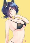  bikini black_bikini breasts cleavage eyepatch hair_over_one_eye headgear kantai_collection large_breasts mirakururu navel purple_hair short_hair signature simple_background solo strap_gap swimsuit tenryuu_(kantai_collection) yellow_background yellow_eyes 