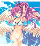  angel angel_wings archangel_metatron_(p&amp;d) arms_behind_head arms_up artist_name bikini blue_eyes blue_sky breasts cleavage cloud collarbone day deizzo_bubunya feathered_wings groin large_breasts lips long_hair midriff multiple_wings navel one_eye_closed outdoors pink_hair puzzle_&amp;_dragons ribbon side-tie_bikini sky smile solo swimsuit very_long_hair water wavy_hair white_bikini white_ribbon wings 