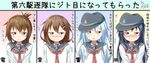  :3 :i :o akatsuki_(kantai_collection) anchor_symbol black_eyes black_hair blue_eyes blue_hair blush brown_eyes brown_hair chart fang fang_out flat_cap folded_ponytail gradient gradient_background gurande_(g-size) hair_ornament hairclip hat hibiki_(kantai_collection) ikazuchi_(kantai_collection) inazuma_(kantai_collection) kantai_collection long_hair looking_at_viewer multiple_girls open_mouth school_uniform serafuku short_hair smile staring staring_contest translated v-shaped_eyebrows v_arms 