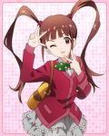  ;) artist_request bag brown_eyes brown_hair heart idolmaster idolmaster_million_live! looking_at_viewer matsuda_arisa official_art one_eye_closed school_uniform skirt smile twintails 