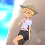  against_rock bare_legs blonde_hair blush cato_(monocatienus) come_hither green_eyes hat leaning_back looking_at_viewer lunasa_prismriver miniskirt navel petite shirt shirt_pull short_hair short_sleeves skirt smile solo sun_hat t-shirt touhou very_short_hair 