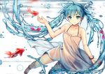  anklet aqua_eyes aqua_hair bad_id bad_pixiv_id barefoot bottle_miku bracelet character_name collarbone dress fish hatsune_miku jewelry liquid_hair long_hair see-through_silhouette solo soulkiller twintails very_long_hair vocaloid 