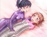  2girls bdsm bed_sheet blush bondage bound breasts brown_eyes brown_hair fingering green_eyes latex latex_suit long_hair multiple_girls mummification open_mouth original ponytail purinpu purple_hair shiny shiny_clothes short_hair skin_tight small_breasts tape tears yuri 