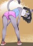  2014 anthro bent_over black_hair blush butt cat clothed clothing cub feline female fur grey_fur hair j7w looking_at_viewer looking_back mammal presenting presenting_hindquarters rorikemo shadow solo yellow_eyes young 