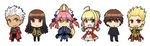  3girls ahoge animal_ears archer armor atsu_takashi black_legwear blonde_hair blue_bow blue_neckwear bow bowtie brown_eyes brown_hair chibi cleavage_cutout dark_skin earrings epaulettes fate/extra fate/extra_ccc fate_(series) fox_ears fox_tail gilgamesh green_eyes grey_eyes hair_slicked_back jewelry kishinami_hakuno_(female) kishinami_hakuno_(male) long_hair looking_at_viewer multiple_boys multiple_girls nero_claudius_(fate) nero_claudius_(fate)_(all) panties pantyhose pink_hair red_eyes school_uniform see-through smile tail tamamo_(fate)_(all) tamamo_no_mae_(fate) tsukumihara_academy_uniform_(fate/extra) tsukumihara_academy_uniform_(fate/extra_ccc) twintails underwear white_hair white_panties 