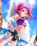  artist_request belt bustier earrings fingerless_gloves gloves hand_on_hip idolmaster idolmaster_million_live! jewelry maihama_ayumu midriff multicolored_hair navel official_art pink_eyes pink_hair shorts solo 