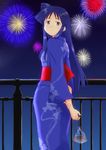  aizawa_chizuru arms_behind_back bag bagged_fish blue_eyes blue_hair blush fireworks fish goldfish japanese_clothes kimono long_hair nanchang open_eyes shinryaku!_ikamusume smile solo summer_festival very_long_hair yukata 