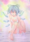 arm_support barefoot bikini blue_eyes blue_hair blush chestnut_mouth cirno feet highres ice ice_wings open_mouth pink_background short_hair sitting solo swimsuit touhou traditional_media watercolor_(medium) white_bikini wings yuyu_(00365676) 