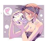  bare_shoulders black_sclera blush breasts broken_heart cleavage lipstick_mark medium_breasts one_eye_closed orange_hair original peter_salt red_eyes short_hair skull solo speech_bubble 