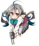  &gt;:) ahoge blue_hair bow brown_eyes grey_hair kantai_collection kiyoshimo_(kantai_collection) looking_at_viewer miyuu_(crazy_lollipop) multicolored_hair pantyhose smile solo turret twintails two-tone_hair v-shaped_eyebrows 