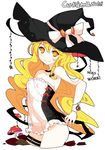 bare_shoulders blonde_hair convention_greeting dress hat ideolo kirisame_marisa long_hair looking_at_viewer mushroom no_nose smile solo strapless strapless_dress thigh_strap touhou white_background witch_hat yellow_eyes 