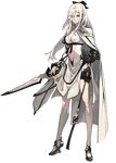  bow breasts cape cleavage drag-on_dragoon drag-on_dragoon_3 eyepatch flower flower_eyepatch fujisaka_kimihiko full_body gauntlets hair_bow high_heels highres medium_breasts navel official_art red_eyes sword transparent_background weapon white_hair zero_(drag-on_dragoon) 