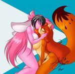  canine clothing eyes_closed female fox fur hair kissing kris lagomorph lesbian mammal mastergodai multi-colored_hair nude orange_fur panties pink_fur pink_hair rabbit red_hair reiko_usagi topless underwear 