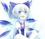  blue_dress blue_eyes blue_hair bow cirno dress fang hair_bow ice ice_wings indian_style mantarou_(shiawase_no_aoi_tori) open_mouth pointy_ears puffy_short_sleeves puffy_sleeves shirt short_sleeves sitting smile solo touhou v_arms wings 