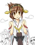  :&gt; bangs blush_stickers brown_hair chibi cosplay costume_switch detached_sleeves folded_ponytail headgear inazuma_(kantai_collection) inazuma_(kantai_collection)_(cosplay) ishii_hisao kantai_collection kongou_(kantai_collection) kongou_(kantai_collection)_(cosplay) multiple_girls white_background yuubari_(kantai_collection) 
