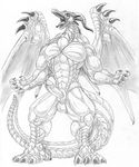 5_fingers 5_toes abs anthro bahamut biceps claws dragon erection horn male monochrome muscles penis salamander_(artist) scalie solo standing toes traditional_media western_dragon wings 