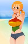  arms_behind_back beach bikini breasts brown_eyes denim denim_shorts freckles highres large_breasts long_hair looking_at_viewer nami_(one_piece) navel one_piece one_piece:_strong_world orange_hair shorts smile solo soumakyo swimsuit tan twintails 