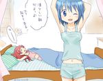  armpits arms_up bad_id bad_twitter_id bare_shoulders bed bed_sheet blanket bloomers blue_hair collarbone isora long_hair looking_at_viewer magical_girl mahou_shoujo_madoka_magica miki_sayaka multiple_girls navel on_bed open_mouth pajamas pillow red_hair sakura_kyouko shirt short_hair sleeveless sleeveless_shirt spoken_zzz standing stretch stuffed_animal stuffed_toy tank_top teddy_bear translated underwear 