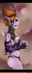  augmentation blonde_hair clothed clothing collar demon demonette ears_piercing facial_piercing female hair half-dressed horn lip_piercing loincloth nipples piercing pointy_ears purple_skin solo spiked_collar spikes standing torn_clothing warhammer_(franchise) warhammer_40k 