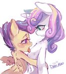  2014 anthro deer_meo duo equine eyelashes female friendship_is_magic fur green_eyes hair horn lesbian licking looking_at_viewer mammal my_little_pony nude open_mouth plain_background scootaloo_(mlp) sweetie_belle_(mlp) tongue unicorn white_background white_fur young 