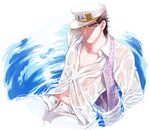  bad_id bad_pixiv_id black_hair blue_eyes hat isamu jojo_no_kimyou_na_bouken kuujou_joutarou male_focus midriff partially_submerged shirt solo vest wet wet_clothes wet_shirt 