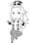  alternate_costume bravely_default:_flying_fairy bravely_default_(series) chibi crossed_legs edea_lee fishnet_pantyhose fishnets gloves greyscale hat long_hair monochrome pantyhose sitting smile solo thick_thighs thighs tsukudani_(coke-buta) vial 