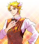  bad_id bad_pixiv_id blonde_hair bow bowtie caesar_anthonio_zeppeli facial_mark feathers green_eyes hair_feathers jojo_no_kimyou_na_bouken male_focus solo t7senzo vest 