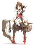  adapted_costume alternate_costume alternate_weapon black_legwear blush camera hat highres ichirino_minagi looking_at_viewer orange_eyes platform_footwear scythe shameimaru_aya short_hair solo standing thighhighs tokin_hat touhou weapon white_background 