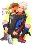  character_name cleats dated endou_mamoru gloves goalkeeper gouenji_shuuya hairband hug inazuma_eleven_(series) inazuma_eleven_go inazuma_eleven_go_vs_danball_senki_w inazuma_legend_japan kinokooooo male_focus multiple_boys open_mouth smile soccer_uniform sportswear uniform_number white_hair yaoi 