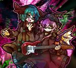  album_cover alternate_costume animal_ears choker choujuu_gigaku collar cover cue_(lindwrum) dress earrings electric_guitar fingernails green_eyes green_hair guitar hat instrument jewelry kasodani_kyouko multiple_girls mystia_lorelei open_mouth pink_hair sharp_fingernails short_hair smile sunglasses thighhighs touhou wings 