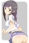  ass bangs bare_shoulders black_hair blush_stickers clenched_hand cowboy_shot from_behind grey_background grey_eyes highres ichijou_hotaru impossible_clothes impossible_shirt long_hair looking_at_viewer midriff no_panties non_non_biyori parted_lips shiny shiny_skin shirt short_sleeves skirt solo sweatdrop swept_bangs tareme thu 