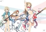  &gt;:) 3girls ;d aqua_jacket arm_up bikini blue_skirt bracelet brown_hair cover cover_page doujin_cover drum drum_set electric_guitar guitar hair_between_eyes high_heels holding holding_instrument instrument jacket jazz_bass jazzmaster jewelry long_hair looking_at_viewer midriff miz multiple_girls music navel one_eye_closed open_mouth original playing_instrument plectrum red_scarf sandals scarf short_hair skirt smile sparkle swimsuit v-shaped_eyebrows wristband 